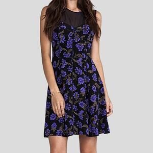 PJK Patterson J. Kincaid Silk Floral Dress Size M Sheer Yoke Black Purple